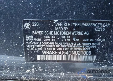 2016 BMW 320I xDrive from USA, damaged, VIN WBA8E5G54GNU21006